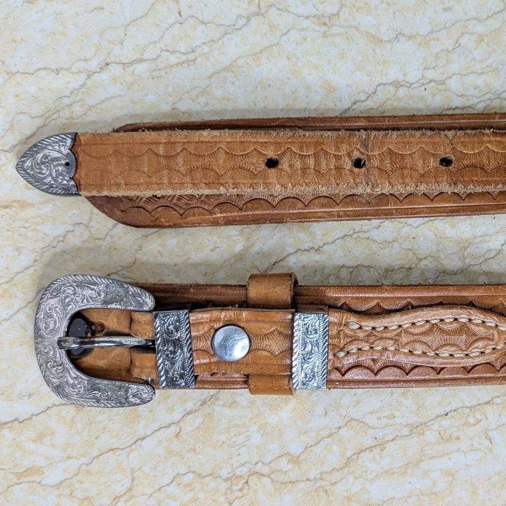 Vintage Bianchi Brown Rugged Leather Western Tooled Belt Silver Accents Women 38